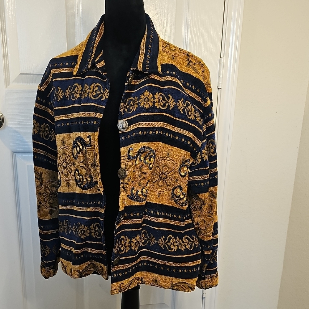 Tantrums YTK Vintage Tapestry Button Closure Gold Blue Patterned 90's Jacket L